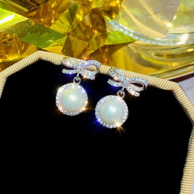 925 Silver Zircon Bow Temperament Pearl Earrings Female Simple Earrings