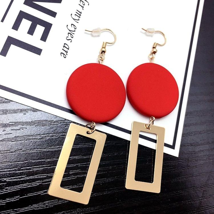 Women Fashion Wooden Round Long Geometric Rectangle Earrings(Red)