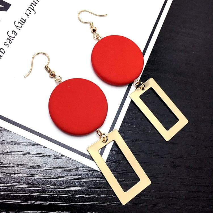 Women Fashion Wooden Round Long Geometric Rectangle Earrings(Red)