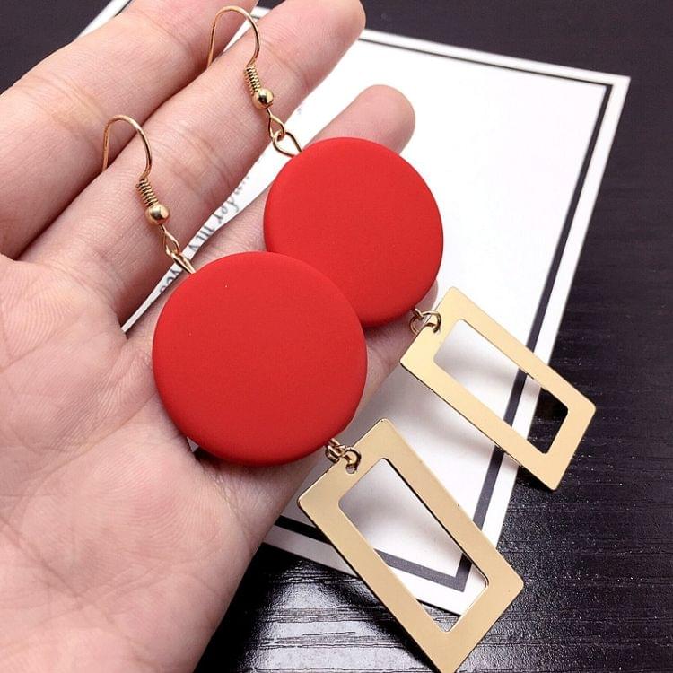 Women Fashion Wooden Round Long Geometric Rectangle Earrings(Red)