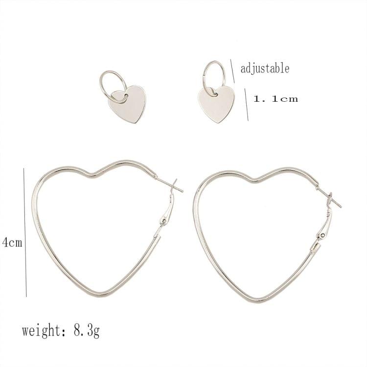 Women Fashion Simple Metal Love Heart Hoop Earrings Set