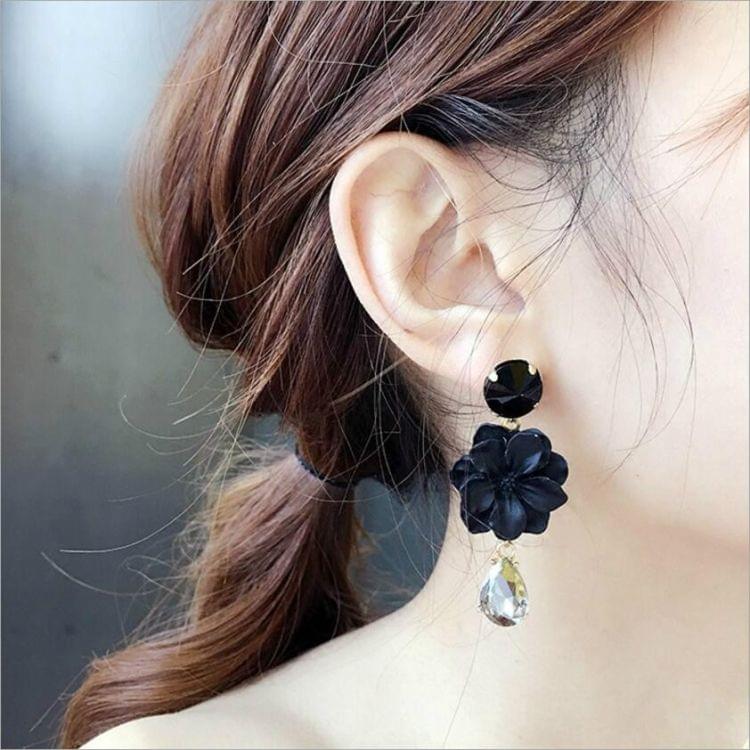 Flowers Glass Droplet Tassel Stud Earrings For Women(Black)