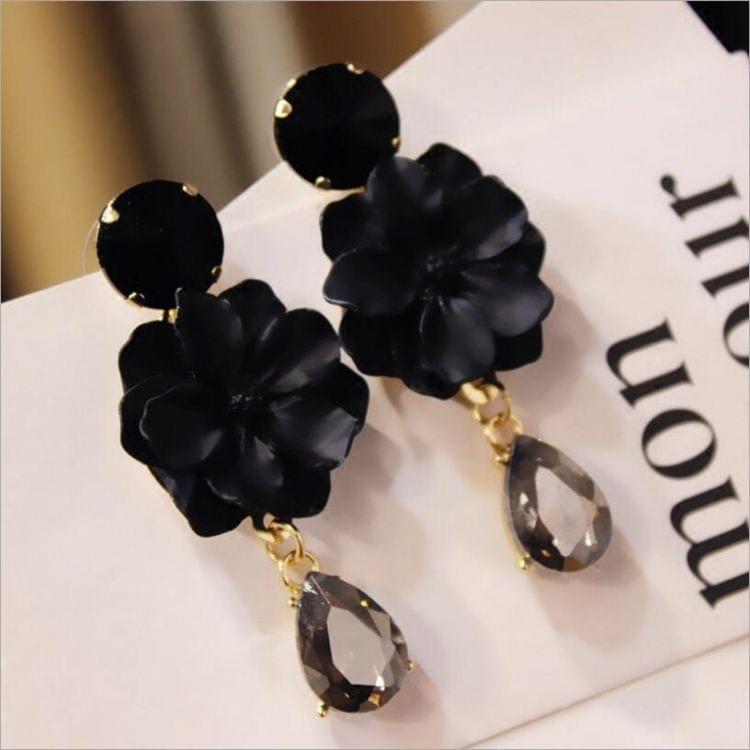 Flowers Glass Droplet Tassel Stud Earrings For Women(Black)