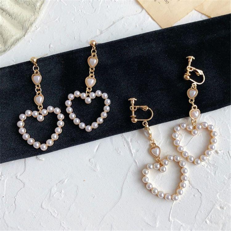 Fashion 925 Silver Heart Shape Female Long Pearl Tassel Earrings(Clip Earrings)