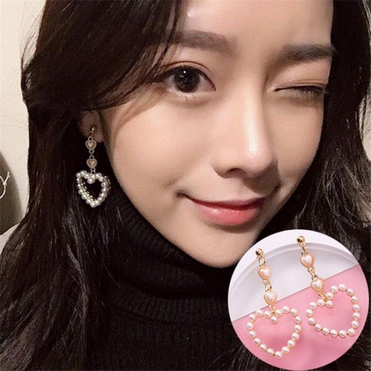 Fashion 925 Silver Heart Shape Female Long Pearl Tassel Earrings(Clip Earrings)