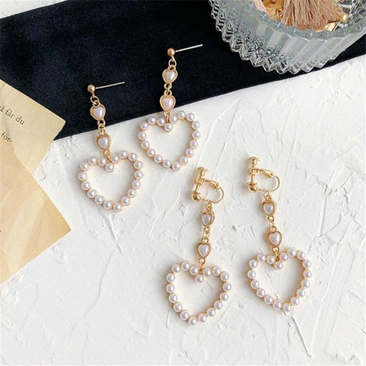 Fashion 925 Silver Heart Shape Female Long Pearl Tassel Earrings(Clip Earrings)