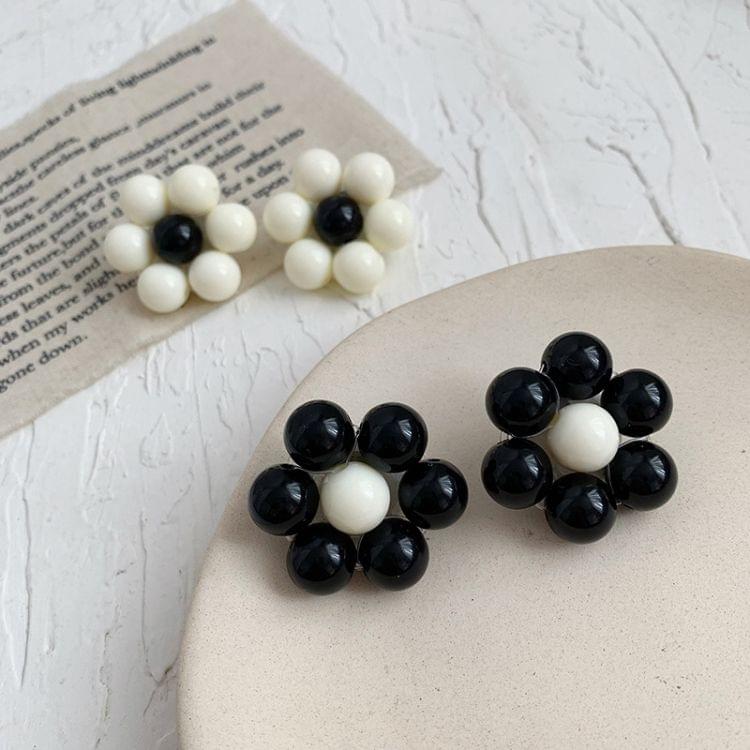 Fashion Acrylic Black and White Beaded Flower Stud Earring(Black Clip Earring)