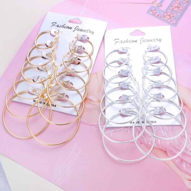 6 Pairs/Set Women Steampunk Fashion Circle Hoop Earrings(Glod)