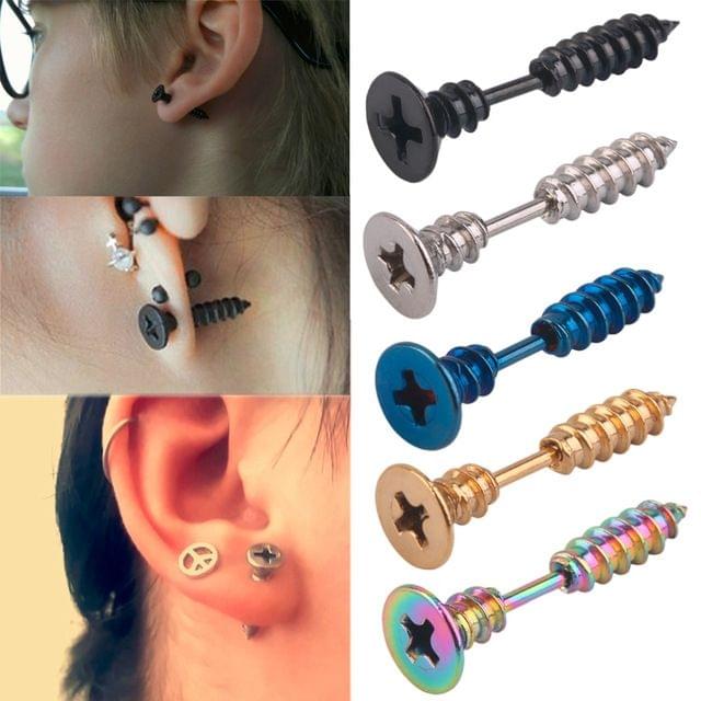 Vacuum Plating Personality Titanium Steel Screw Stud Earrings(Dark Blue)