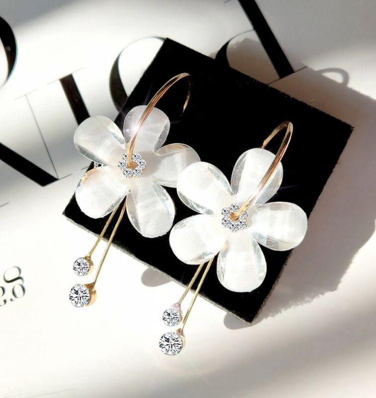 1 Pair Women Petal Acrylic Zircon Tassel Transparent Earrings