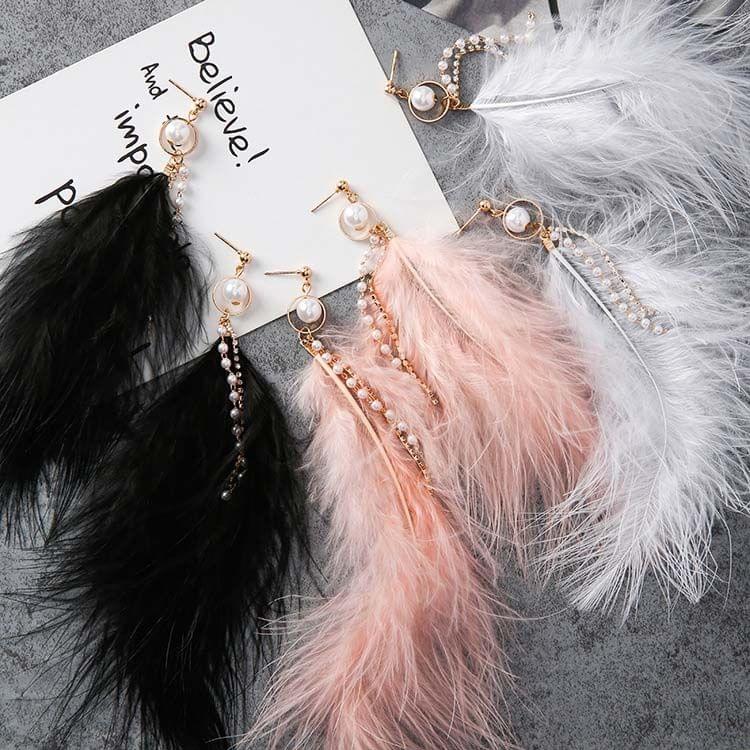 Fashion Sweet Feather Simulated Pearls Tassel Rhinestone Chains Long Dangle Earring for Women Jewelry(Black)