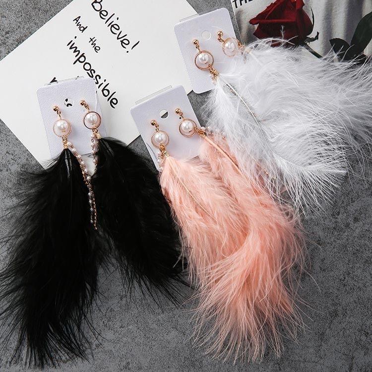 Fashion Sweet Feather Simulated Pearls Tassel Rhinestone Chains Long Dangle Earring for Women Jewelry(Black)