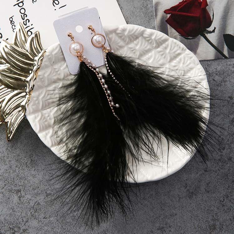 Fashion Sweet Feather Simulated Pearls Tassel Rhinestone Chains Long Dangle Earring for Women Jewelry(Black)