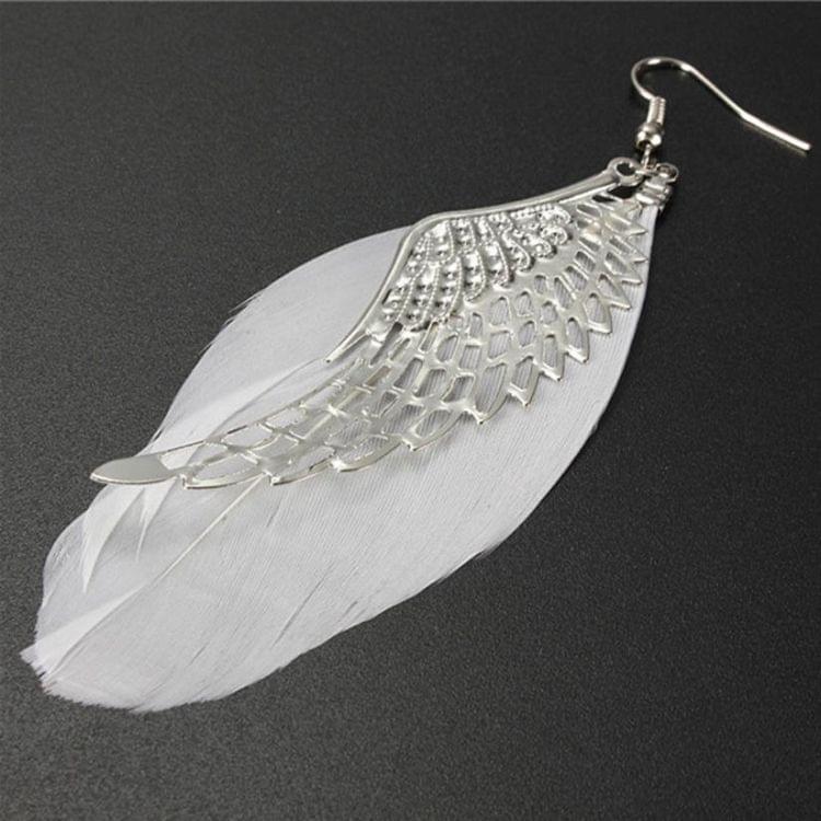 Metal Wing Earrings Bohemian Handmade Vintage Feather Long Drop Earrings(White)