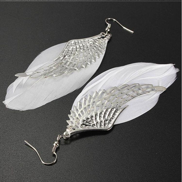 Metal Wing Earrings Bohemian Handmade Vintage Feather Long Drop Earrings(White)