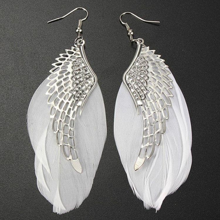 Metal Wing Earrings Bohemian Handmade Vintage Feather Long Drop Earrings(White)