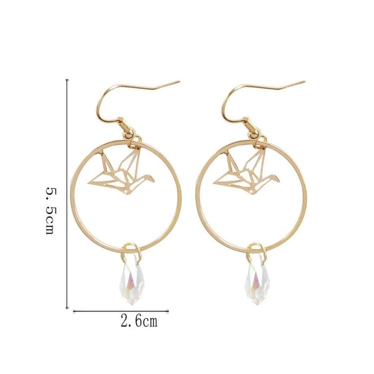 Creative Geometric Round Thousand Paper Crane Shape Crystal Earrings for Women(Clip Earring)