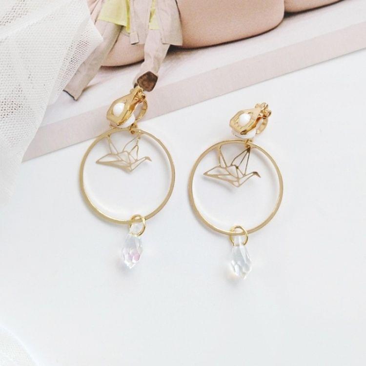 Creative Geometric Round Thousand Paper Crane Shape Crystal Earrings for Women(Clip Earring)