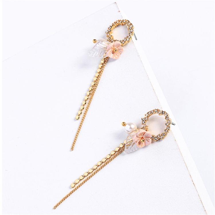 Temperament Tassel Long Flowers Pearl Shells Crystal Stud Earrings for Women