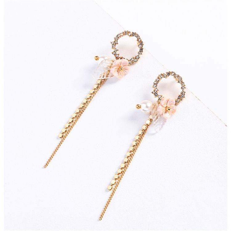 Temperament Tassel Long Flowers Pearl Shells Crystal Stud Earrings for Women