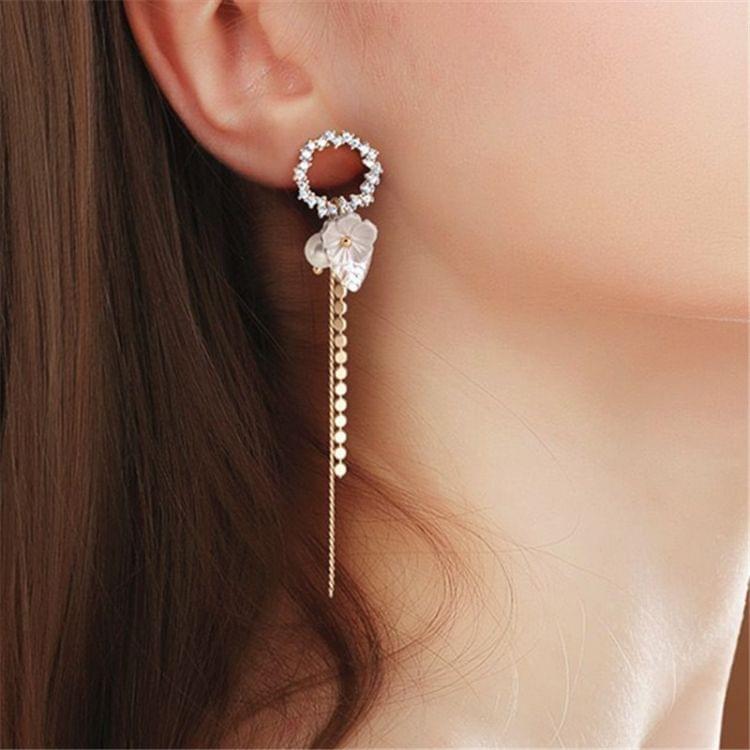 Temperament Tassel Long Flowers Pearl Shells Crystal Stud Earrings for Women