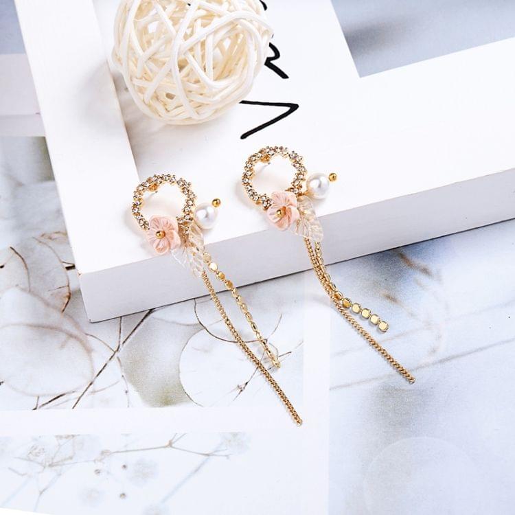 Temperament Tassel Long Flowers Pearl Shells Crystal Stud Earrings for Women