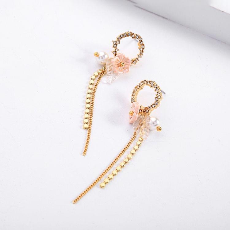 Temperament Tassel Long Flowers Pearl Shells Crystal Stud Earrings for Women