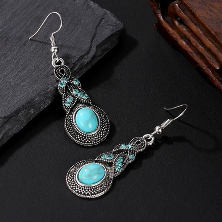 Tibetan Silver Pendant Earrings Natural Stone Drop Silver Pendant  Earrings for Women, Metal color:gourd