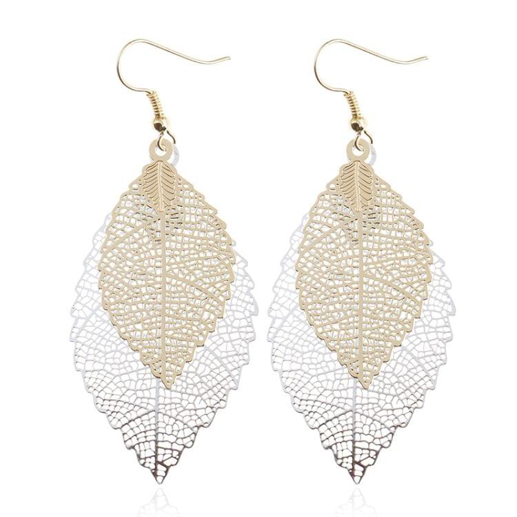 Double-layered Leaves Tassel Earrings Simple Retro Metal Leaf-ears Ornaments(Blue)