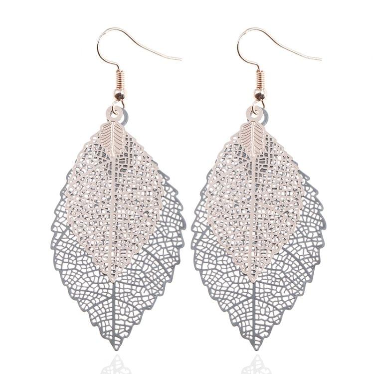 Double-layered Leaves Tassel Earrings Simple Retro Metal Leaf-ears Ornaments(Blue)