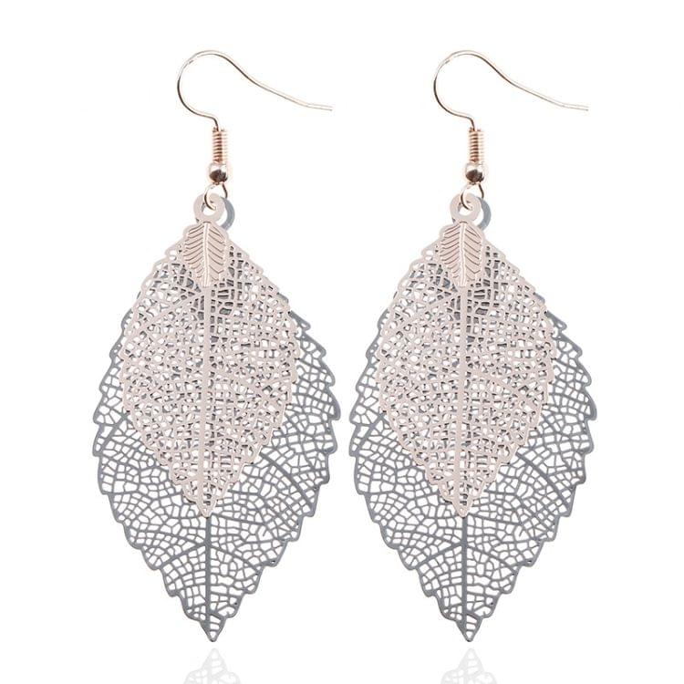 Double-layered Leaves Tassel Earrings Simple Retro Metal Leaf-ears Ornaments(Blue)
