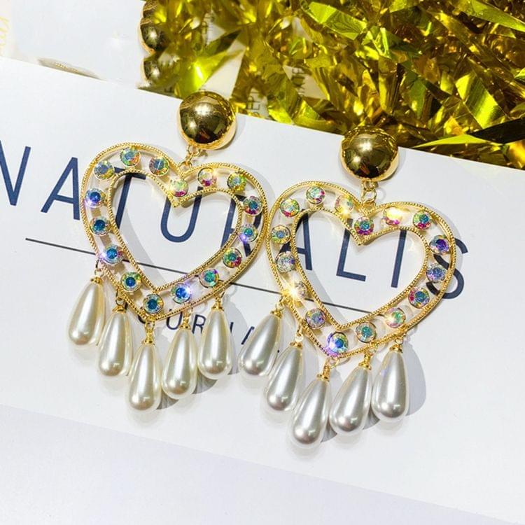 Women Fashion Vintage Baroque Love Heart Crystal Pearl Earrings