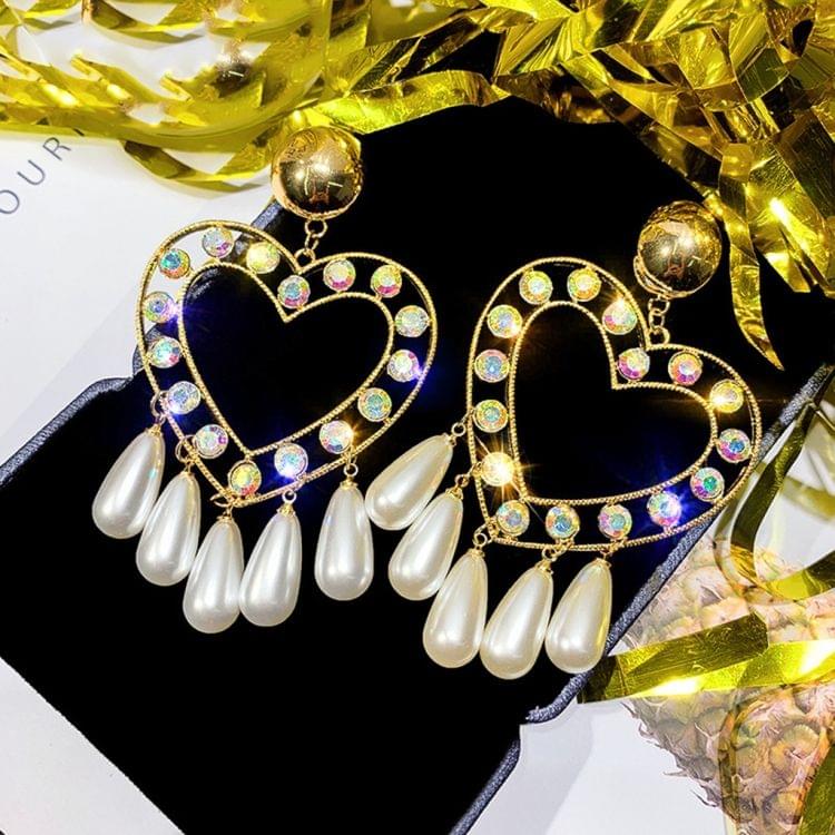 Women Fashion Vintage Baroque Love Heart Crystal Pearl Earrings