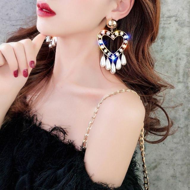 Women Fashion Vintage Baroque Love Heart Crystal Pearl Earrings