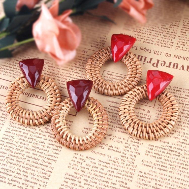 Rattan Wooden Vintage Handmade Dangle Earrings(Wine Red 2)