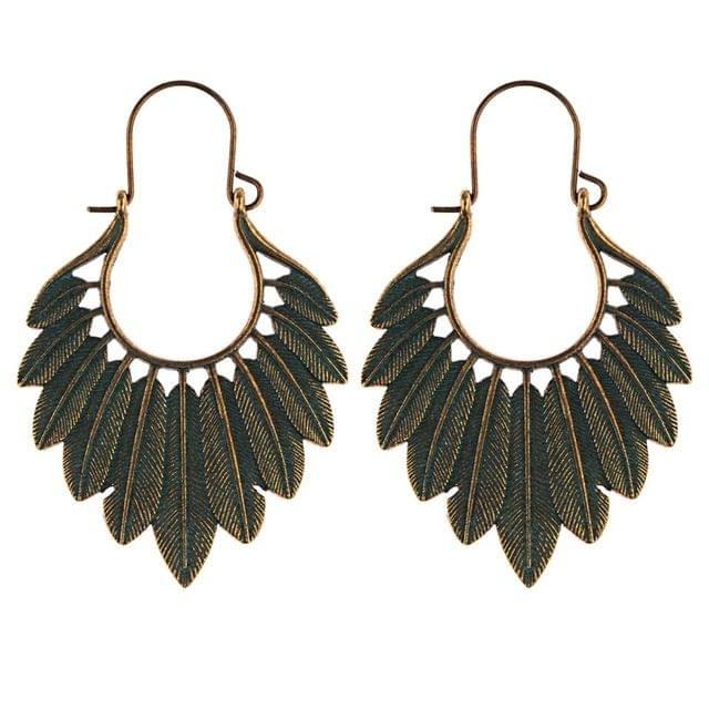 Women Bohemian Ethnic Green Leaf Tassel Drop Earrings(Bronze )