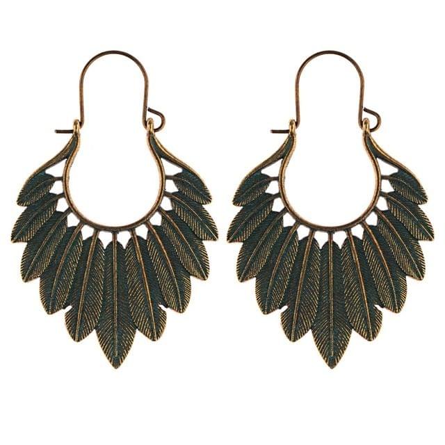 Women Bohemian Ethnic Green Leaf Tassel Drop Earrings(Bronze )