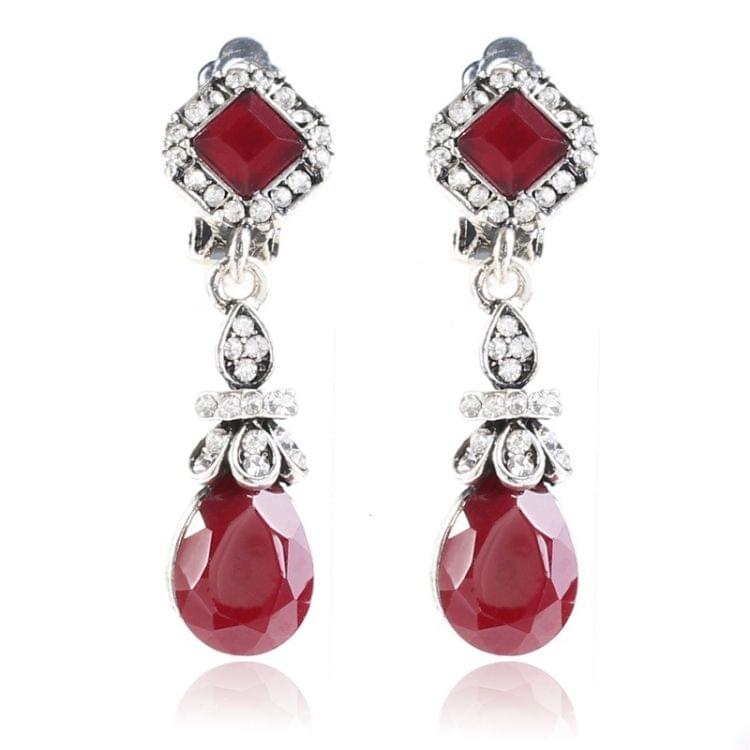 Elegant Resin Rhinestone Vintage Bohemia Style WaterDrop Clip Earrings Without Piercing Long for Women(Red)