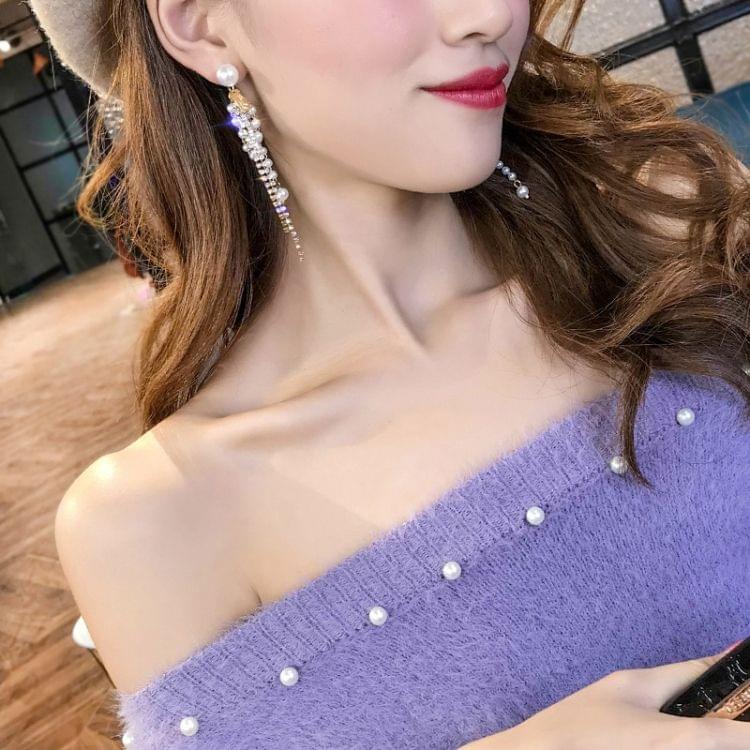 925 Silver Rhinestone Butterfly Simulated Pearl Asymmetric Tassel Earrings For Women