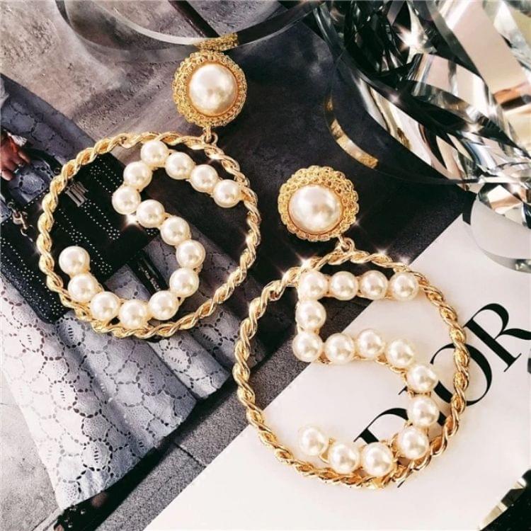 Women Simple Metal Braided Hollow Ring Earrings Personality Number 5 Pearl Earrings(gold)