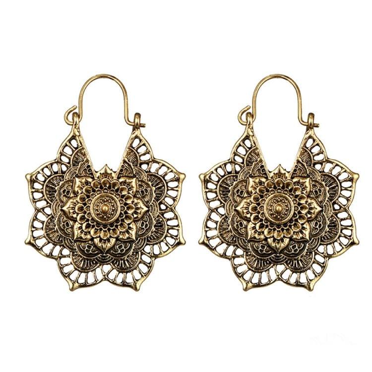 Vintage Ethnic Style Metal Openwork Flower Flower Earrings Bohemian Carved Earrings(Gold)