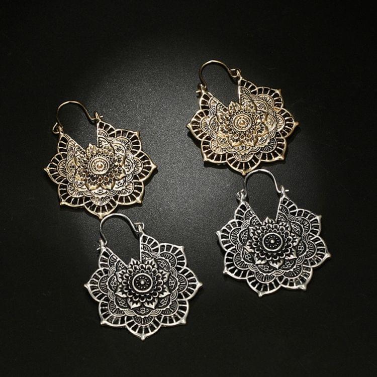 Vintage Ethnic Style Metal Openwork Flower Flower Earrings Bohemian Carved Earrings(Gold)