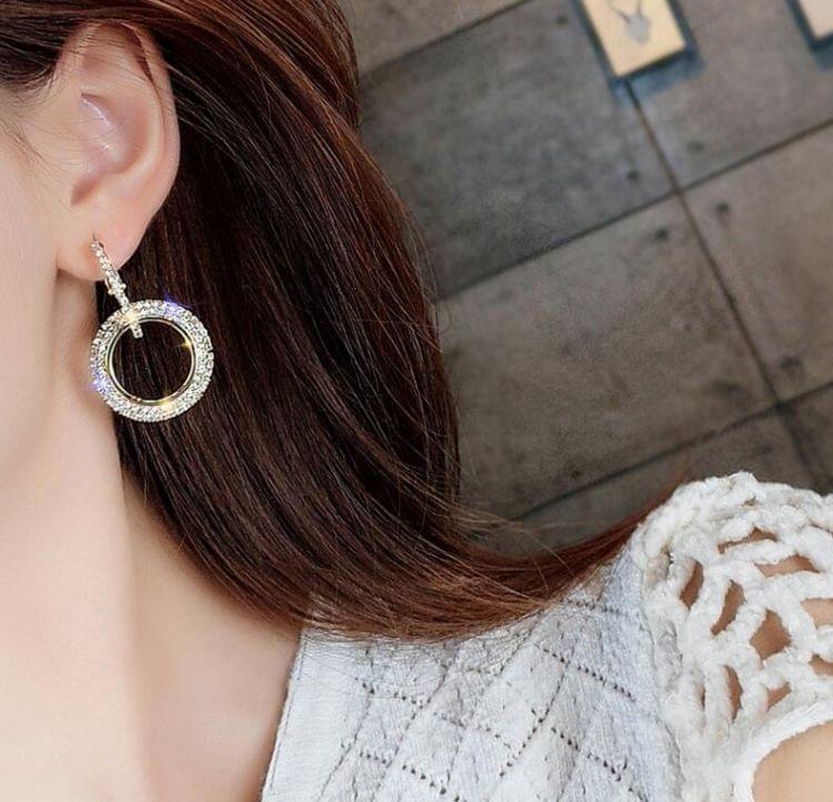 Rhinestone Crystal Earrings Round Earrings for Woman(Gold)