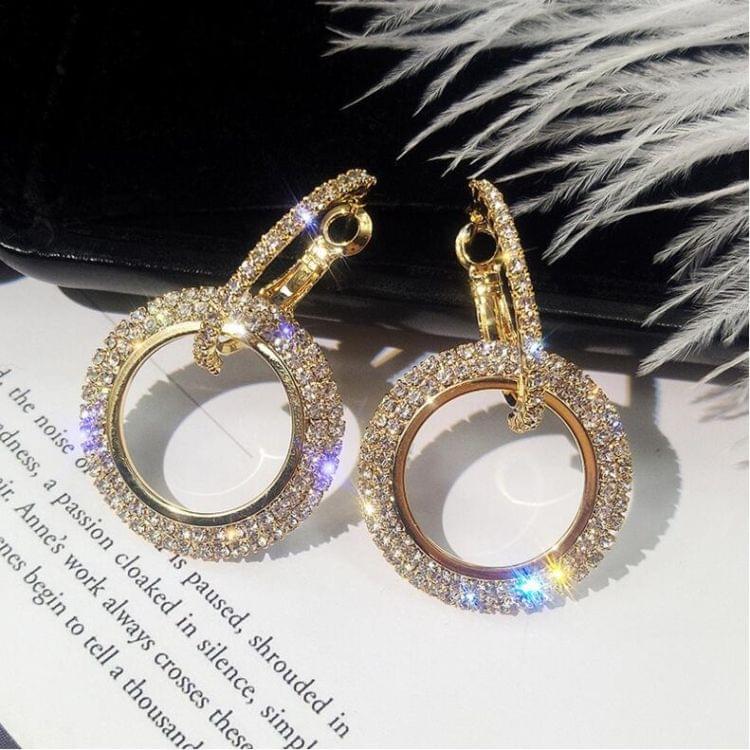 Rhinestone Crystal Earrings Round Earrings for Woman(Gold)