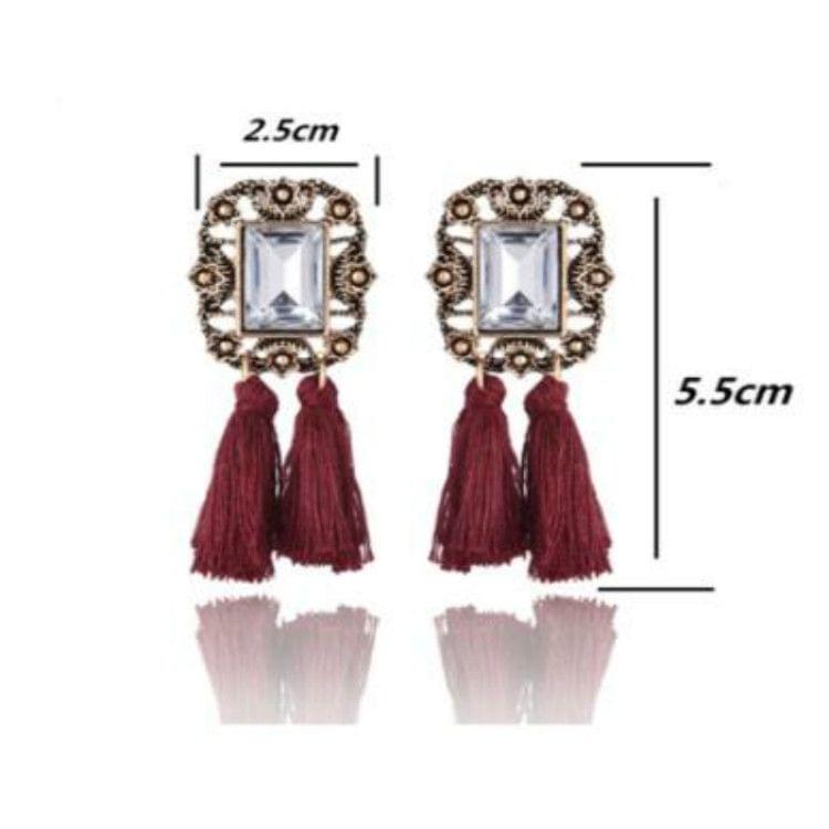 Gemstone Court Fringe Long Earrings Bohemian Tassels Fringe Exaggerated Vintage Stud Earrings(Dark red)