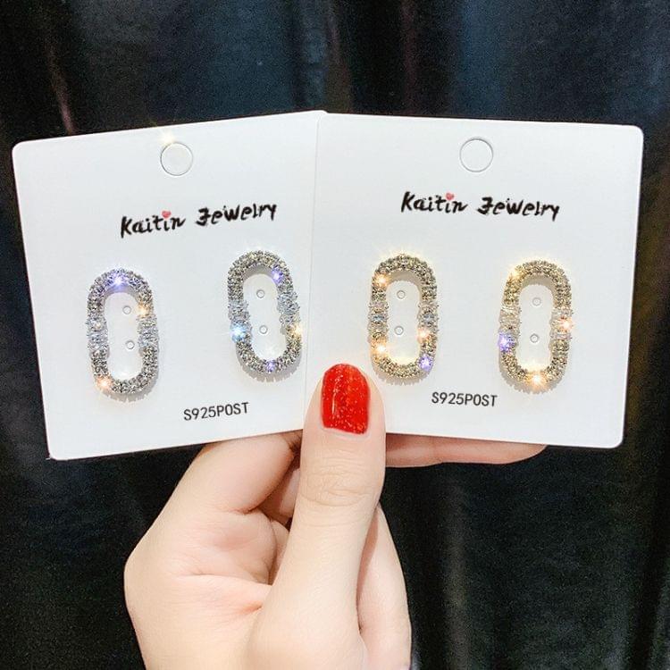 925 Silver Geometric Rhinestone Women Oval Simple Stud Earrings(Silver)