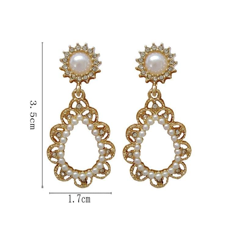 Creative Vintage Geometric Imitation Pearl Rhinestone Water Drop Earrings for Women(Clip Earring)