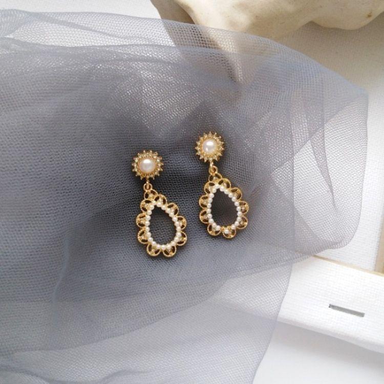 Creative Vintage Geometric Imitation Pearl Rhinestone Water Drop Earrings for Women(Clip Earring)