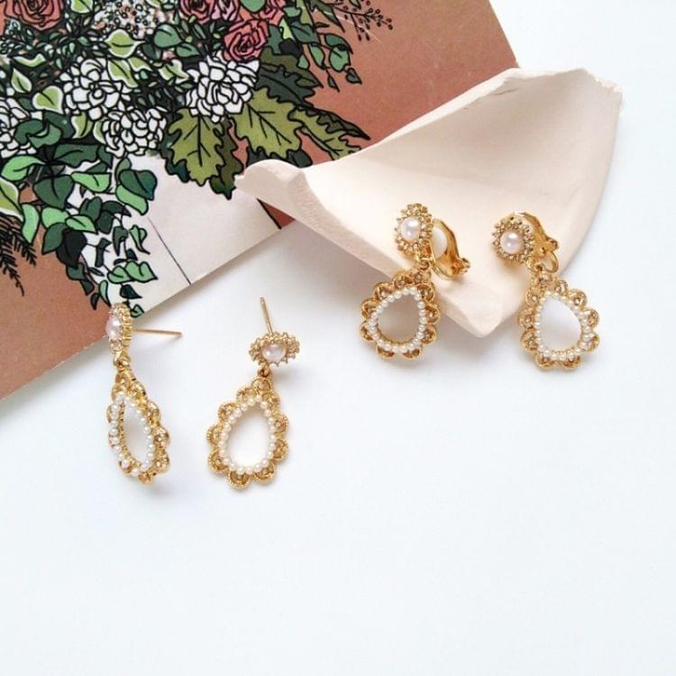 Creative Vintage Geometric Imitation Pearl Rhinestone Water Drop Earrings for Women(Clip Earring)