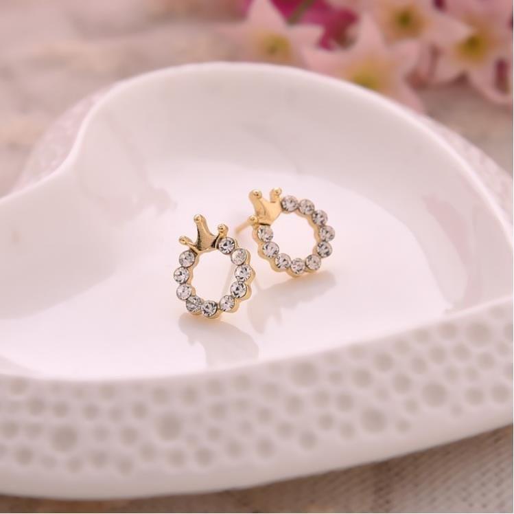 Simple Crown Round Glossy Rhinestone Earrings For Women